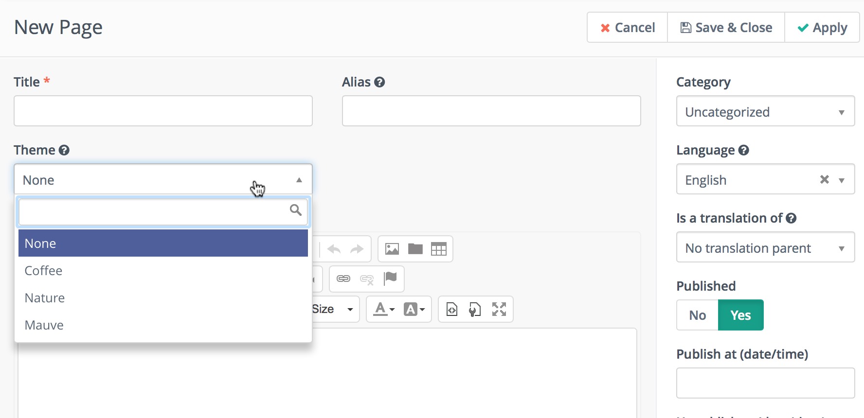 Select a theme for a new page